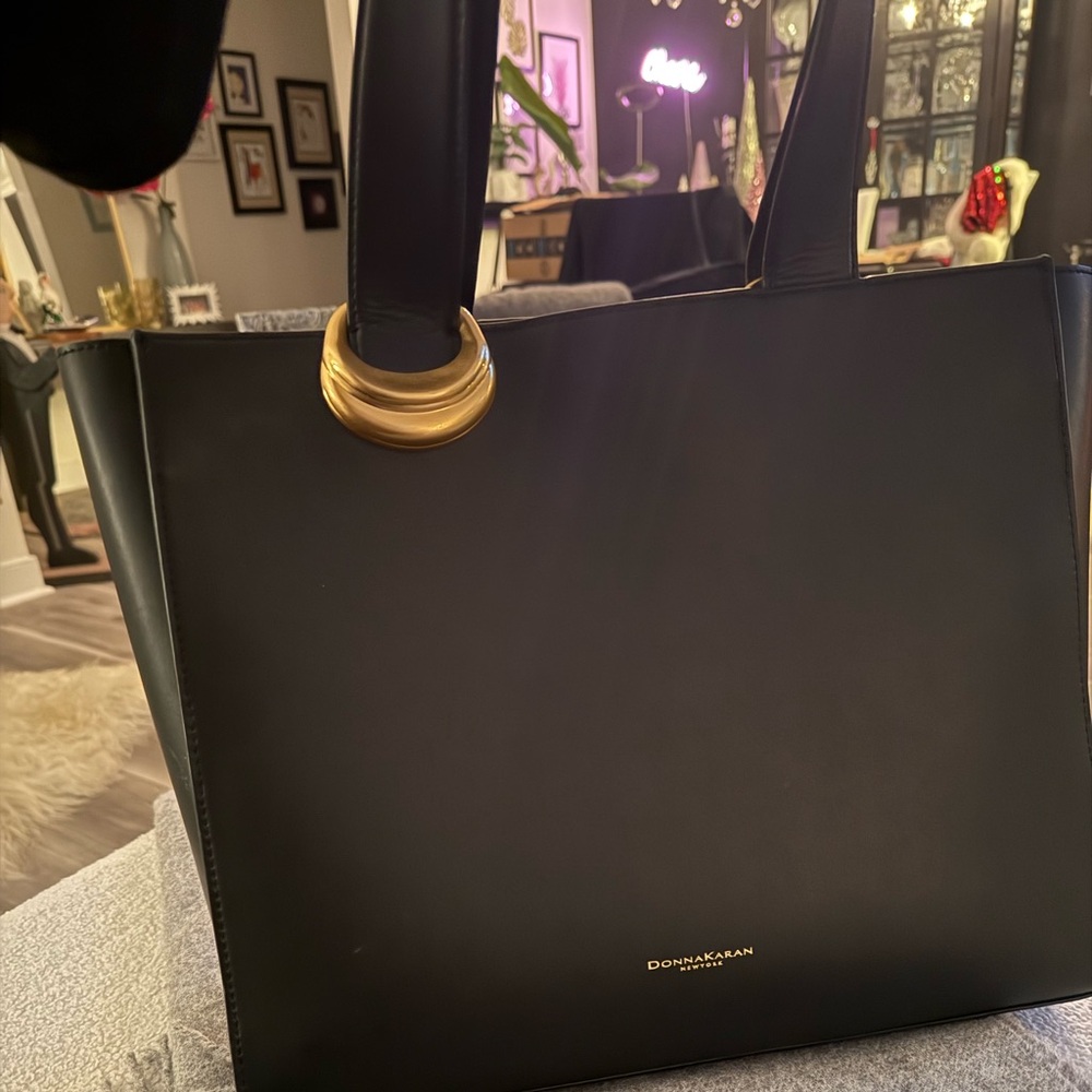 Donna Karan Black Tote with Gold Ring Hardware NWOT
